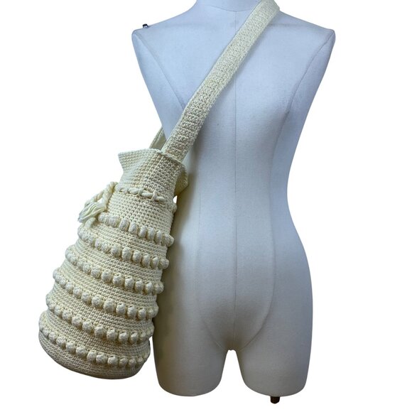 Handmade Women’s Cream White Cotton Crochet With Textured Bobble Shoulder Bag - Picture 1 of 10